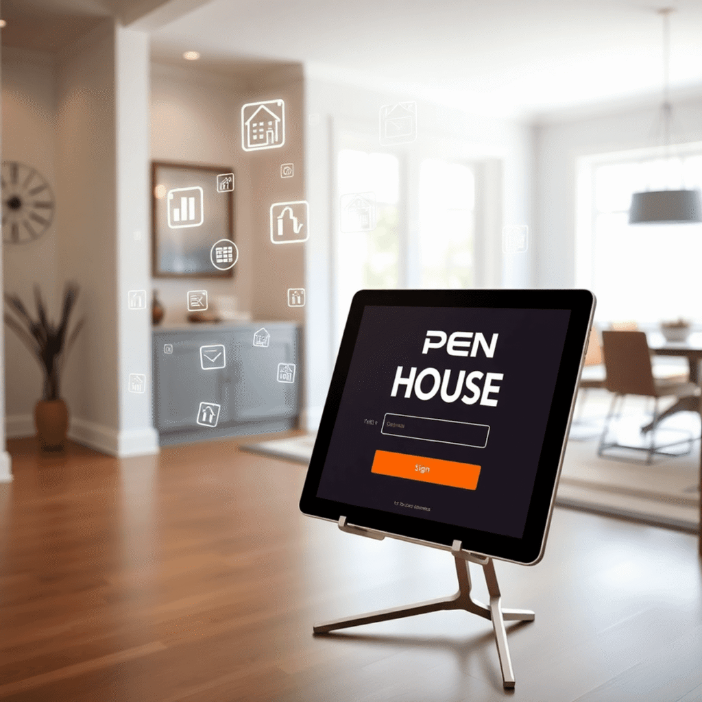 A sleek tablet on a stylish stand with floating digital icons in a bright, modern home interior, symbolizing seamless visitor sign-in and data capt...