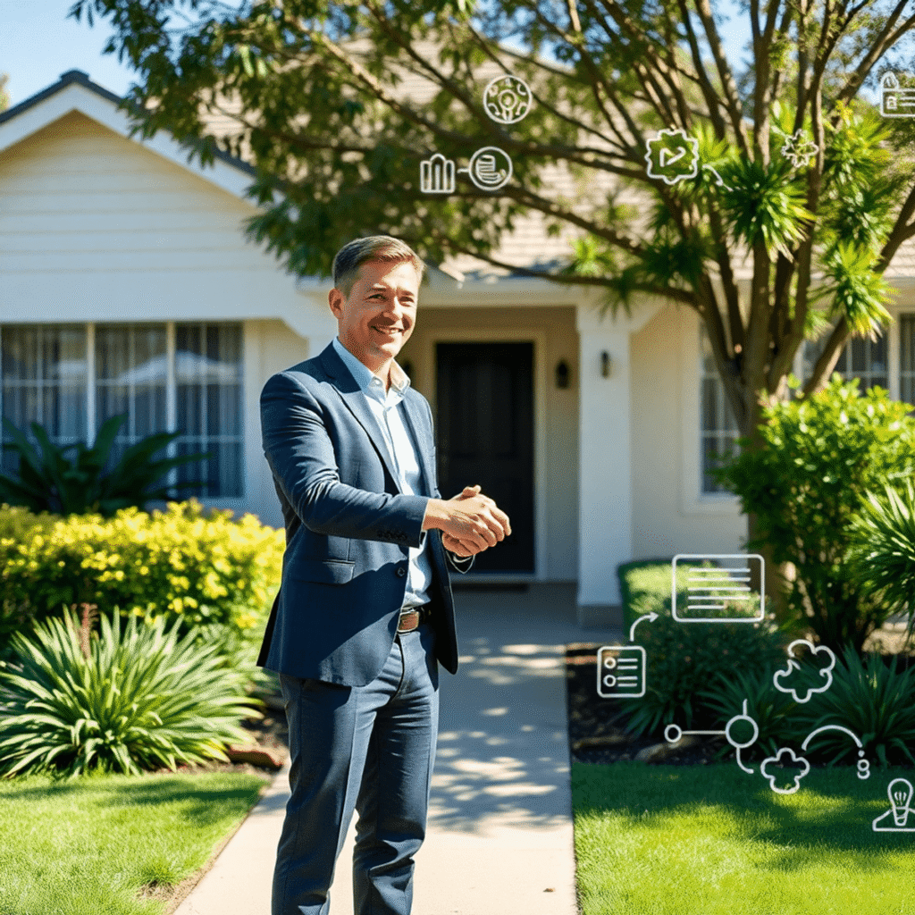 A suburban home with a lush garden, a real estate agent and landlord shaking hands outdoors, with abstract contract and communication icons in the ...