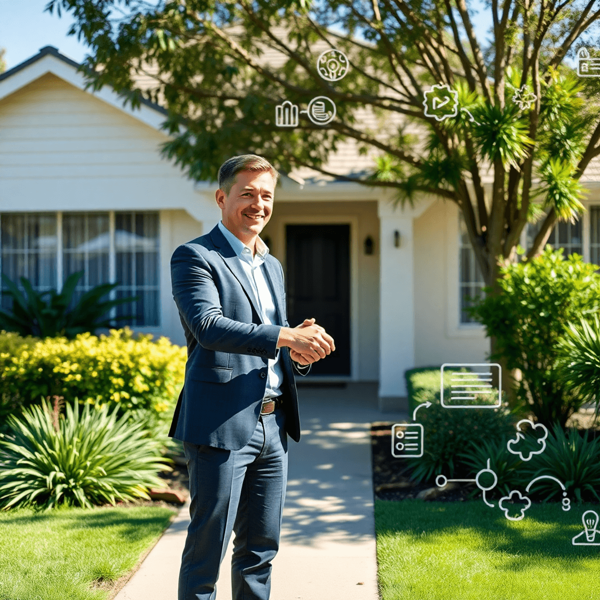 A suburban home with a lush garden, a real estate agent and landlord shaking hands outdoors, with abstract contract and communication icons in the ...