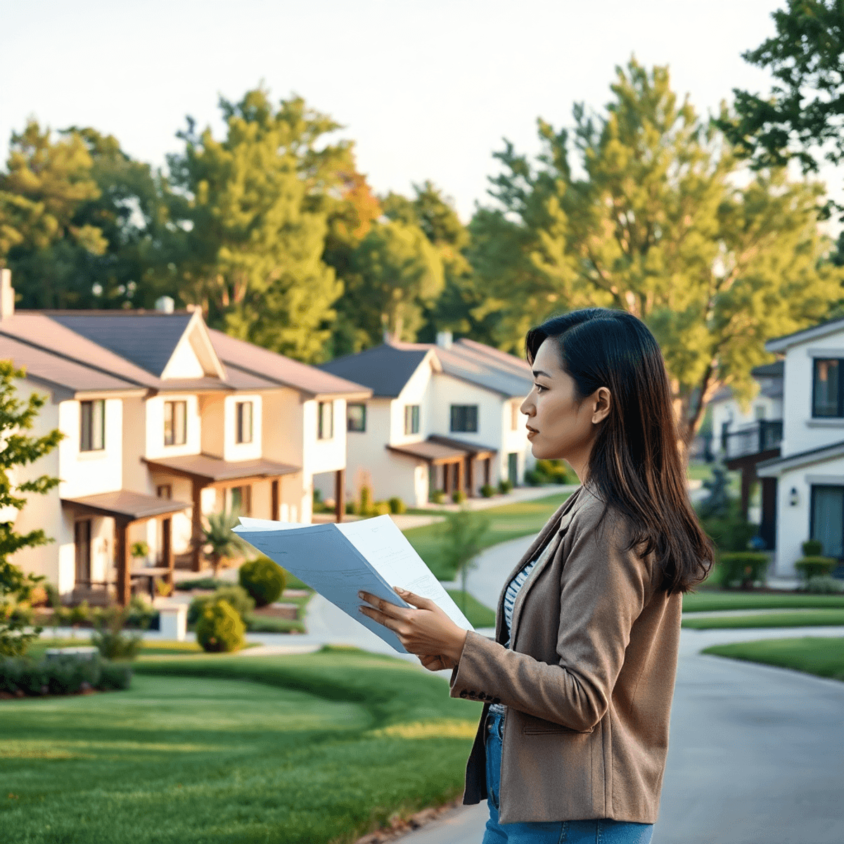 A suburban neighborhood with modern homes and greenery; a professional woman reviews plans outdoors, with glowing digital icons blending into the s...