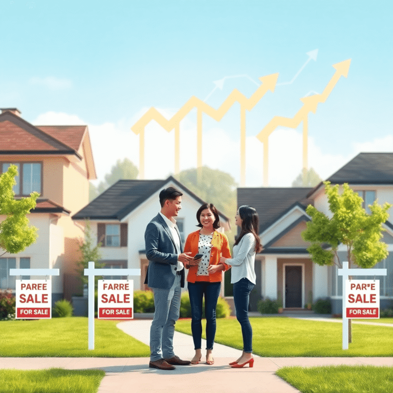 A suburban neighborhood with modern houses, a real estate agent talking to a couple, and floating arrows and charts symbolizing market trends.