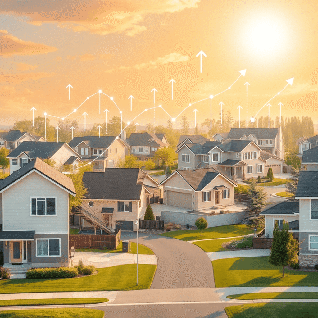 A sunlit suburban neighborhood with diverse houses featuring digital overlays and abstract icons in the sky symbolizing smart home technology and g...
