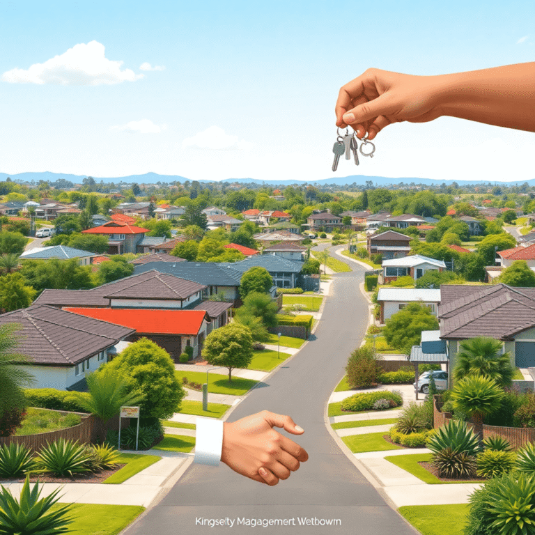 A sunny suburban street in Kingsley, WA, with modern homes, greenery, and a handshake symbolizing landlord-tenant relations.