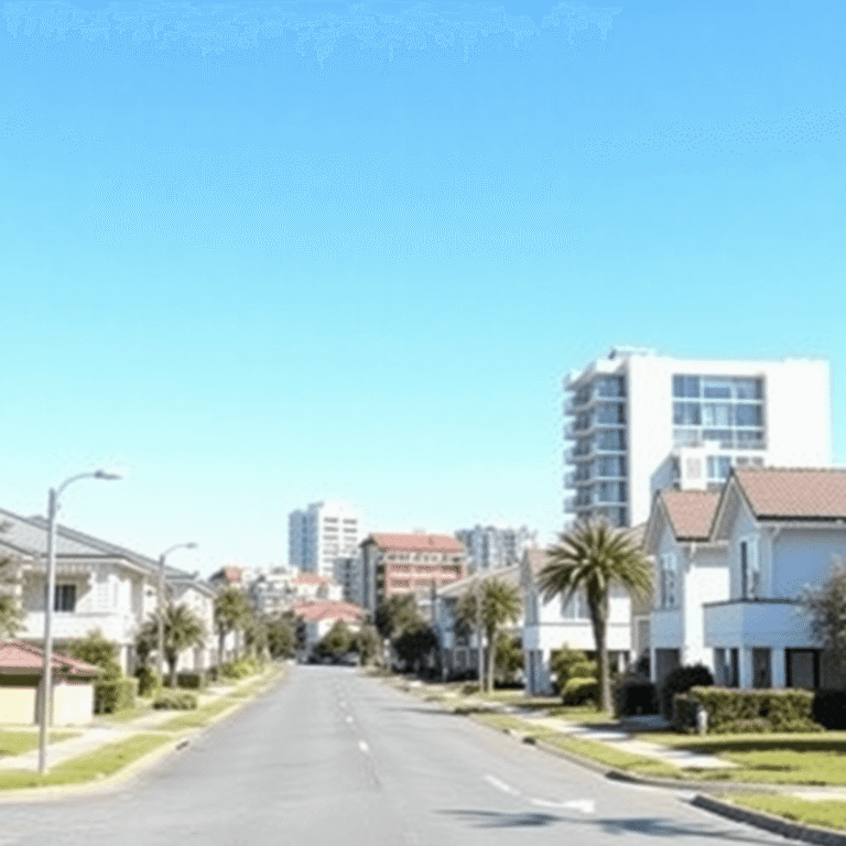 A sunny suburban street with houses and apartments, featuring gentle arrows and abstract waves symbolizing financial flow around the properties.