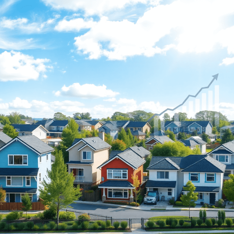 A vibrant suburban neighborhood with diverse houses under a bright sky, featuring subtle upward arrows and abstract charts symbolizing real estate ...