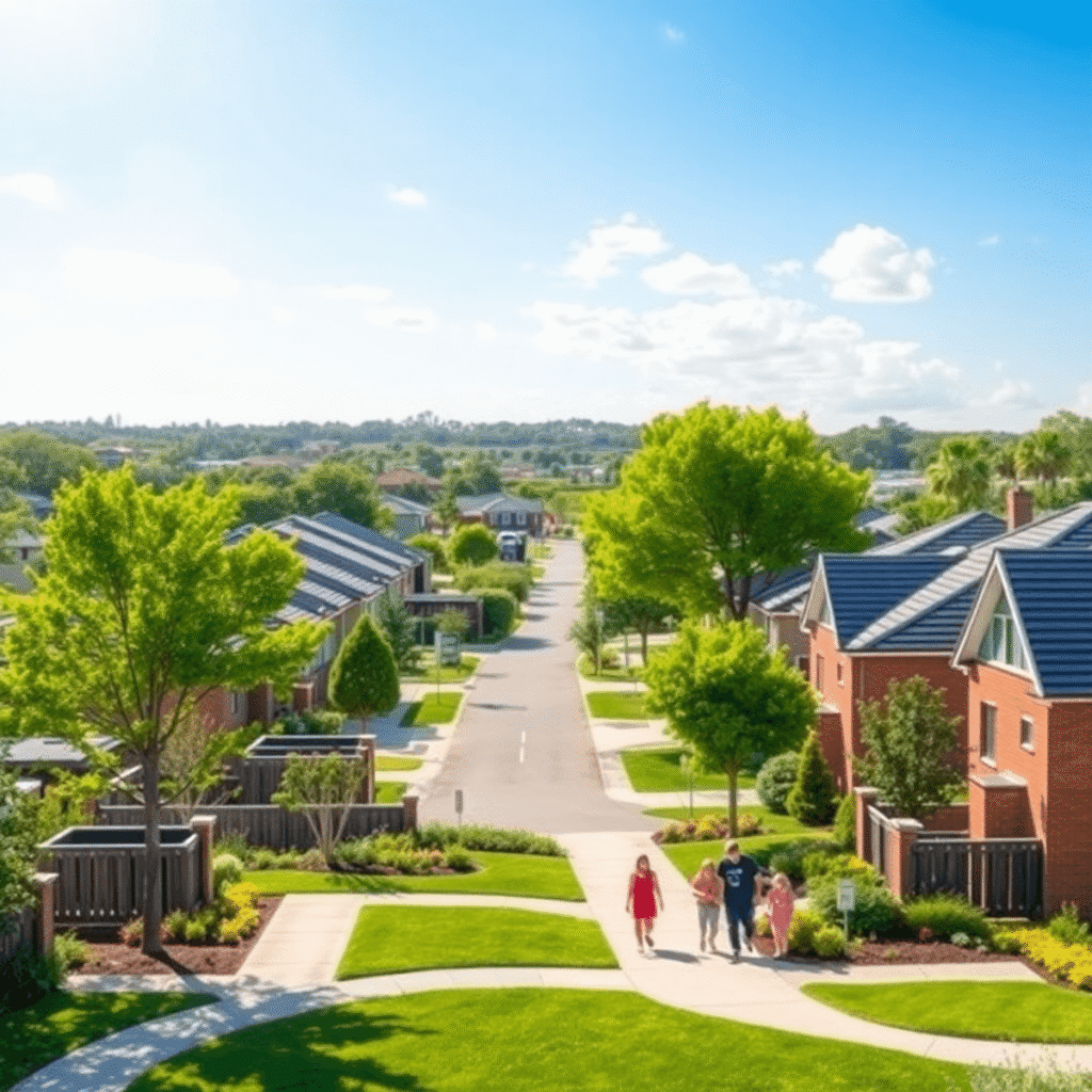 A vibrant suburban street with modern houses, gardens, a family walking, parks, and community centers under a bright clear sky.
