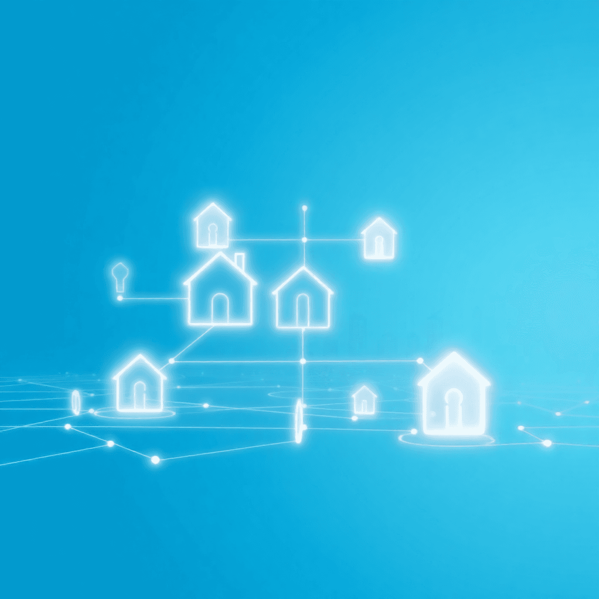 Abstract digital marketplace interface with interconnected house and key icons, glowing lines, blue background, and faint city skylines in the dist...