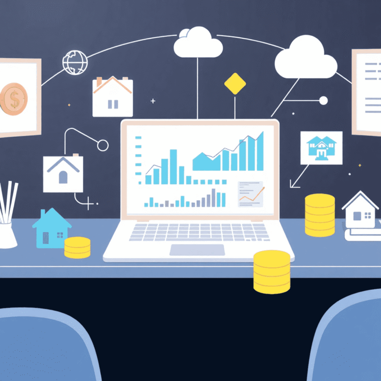 Abstract modern workspace with laptop showing financial graphs, surrounded by house icons, coin stacks, and cloud symbols in a professional setting.