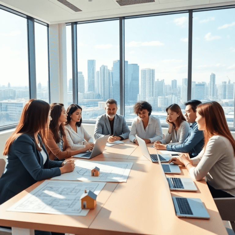 Adult students in a bright classroom with blueprints, house models, laptops, and a cityscape visible through a large window.