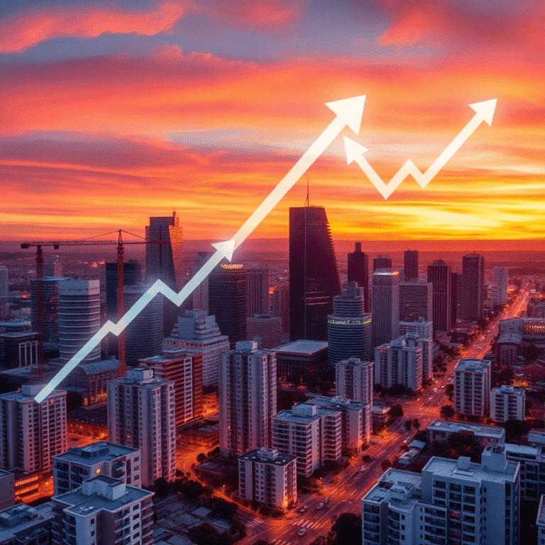 Aerial view of Perth skyline at sunset with modern buildings, construction cranes, and glowing arrows and graphs in the sky showing real estate tre...