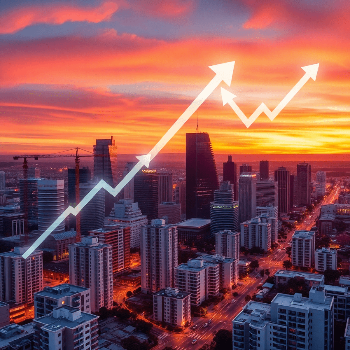 Aerial view of Perth skyline at sunset with modern buildings, construction cranes, and glowing arrows and graphs in the sky showing real estate tre...