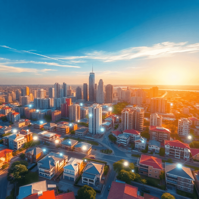 Aerial view of a modern city with diverse homes connected by glowing digital lines under a bright blue sky, symbolizing real estate and digital con...