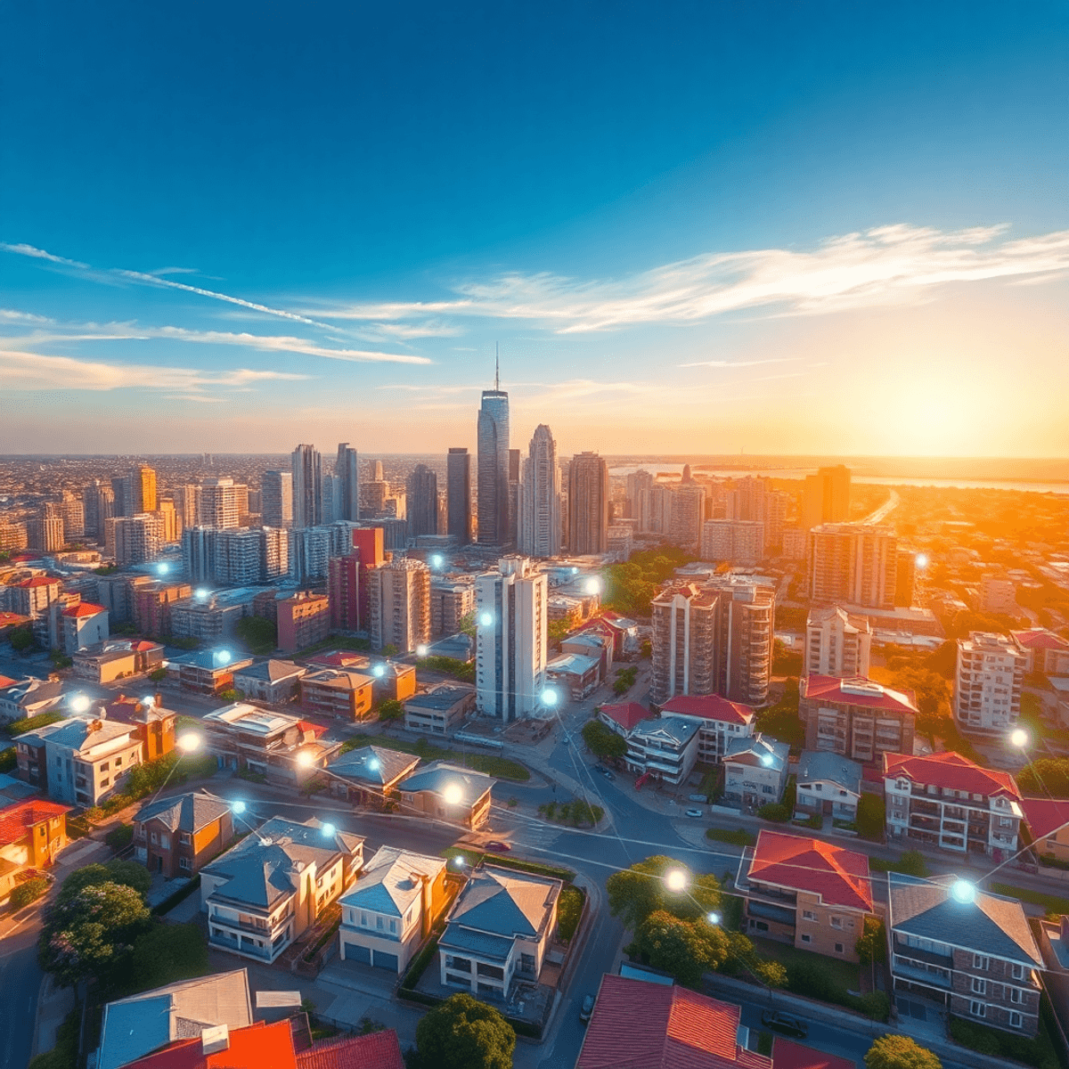 Aerial view of a modern city with diverse homes connected by glowing digital lines under a bright blue sky, symbolizing real estate and digital con...