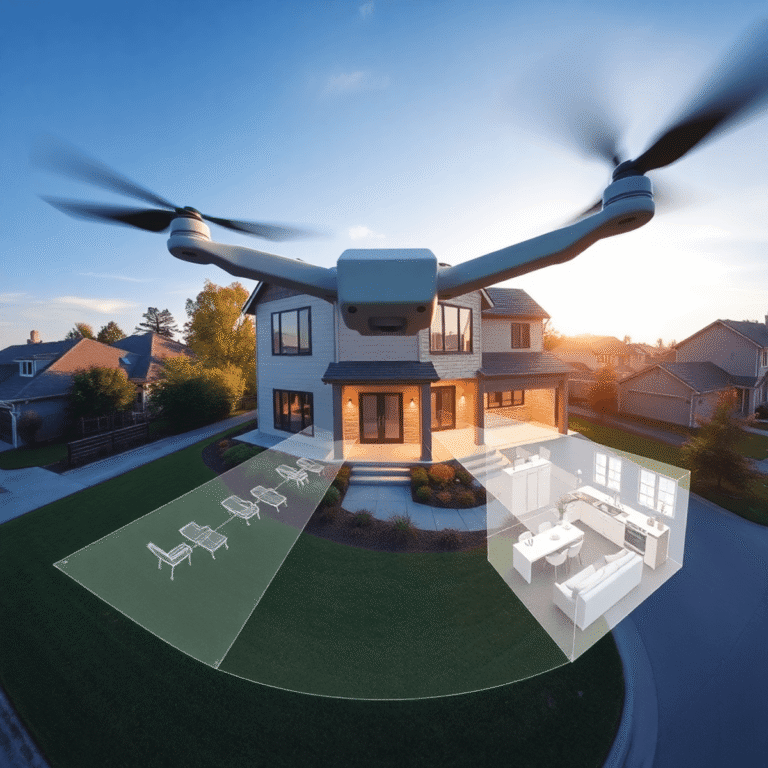 Aerial view of a modern suburban house with a semi-transparent 3D virtual walkthrough overlay highlighting interior spaces under a clear sky.