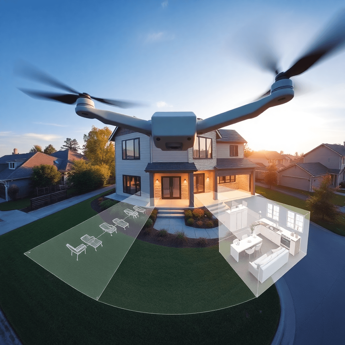 Aerial view of a modern suburban house with a semi-transparent 3D virtual walkthrough overlay highlighting interior spaces under a clear sky.