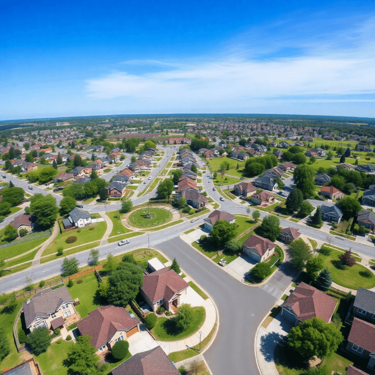 Aerial view of a modern suburban neighborhood with houses, green parks, and tree-lined streets under a clear blue sky.