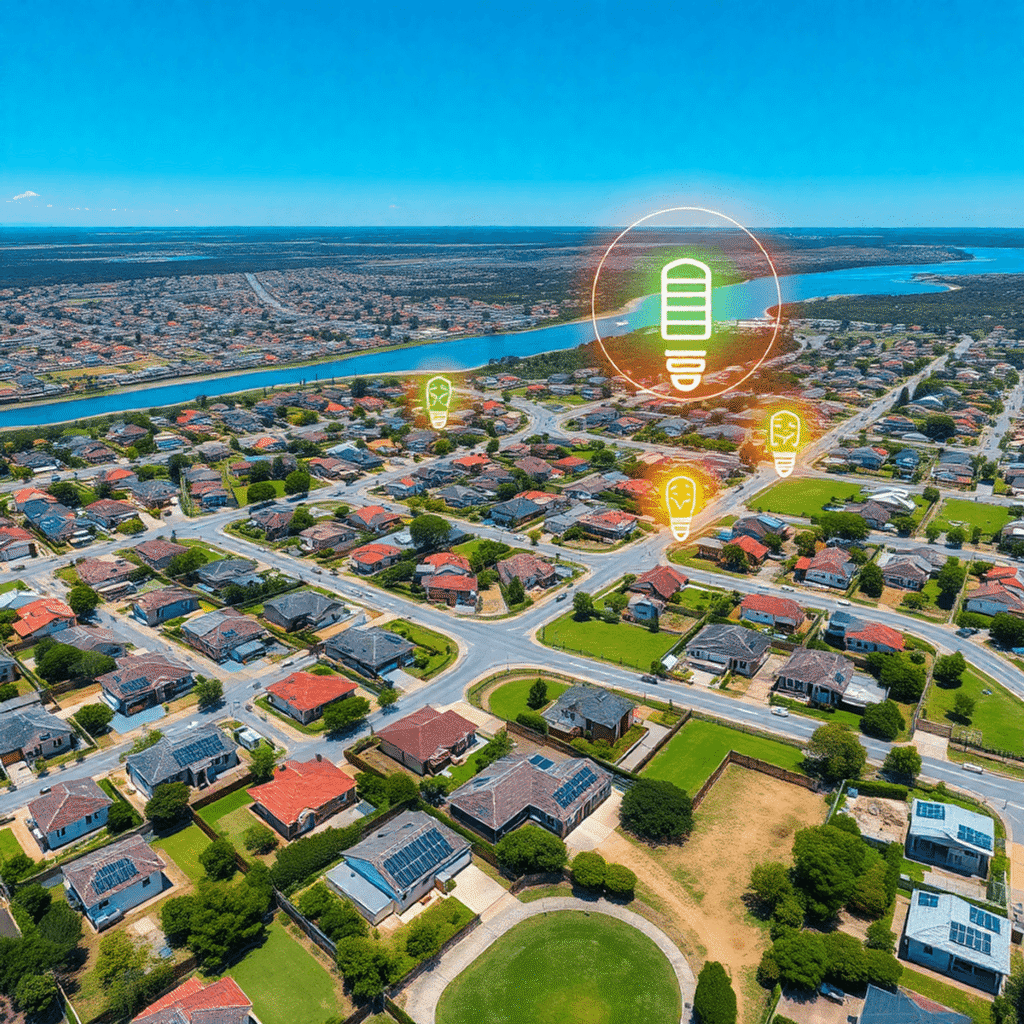 Aerial view of a modern suburban neighborhood with coastal homes, green parks, solar-paneled houses, and glowing icons representing rental returns ...