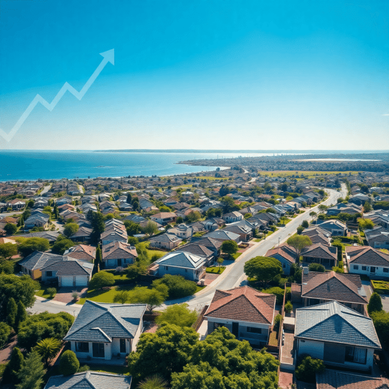 Aerial view of a modern suburban neighborhood with contemporary houses, greenery, coastal scenery, and abstract growth symbols in a bright, clear sky.