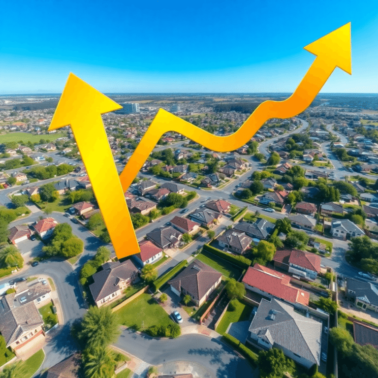 Aerial view of a modern suburban neighborhood with greenery, golden arrows rising upward symbolizing financial growth, under a clear blue sky.