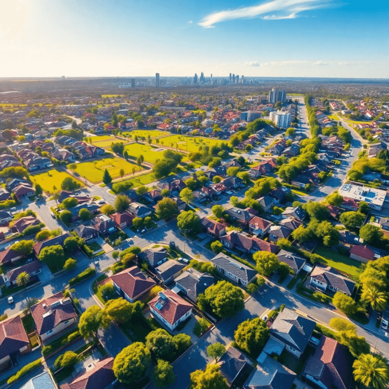 Aerial view of a modern suburban neighborhood with houses, apartments, green parks, and tree-lined streets under a bright sunny sky.
