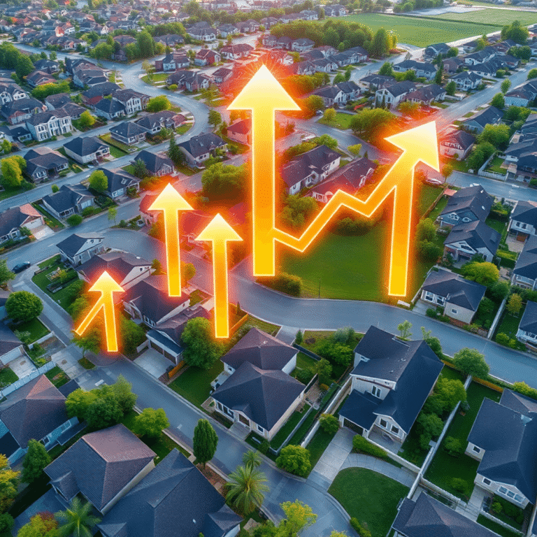 Aerial view of a modern suburban neighborhood with contemporary houses, greenery, glowing upward arrows, and digital data patterns symbolizing real...