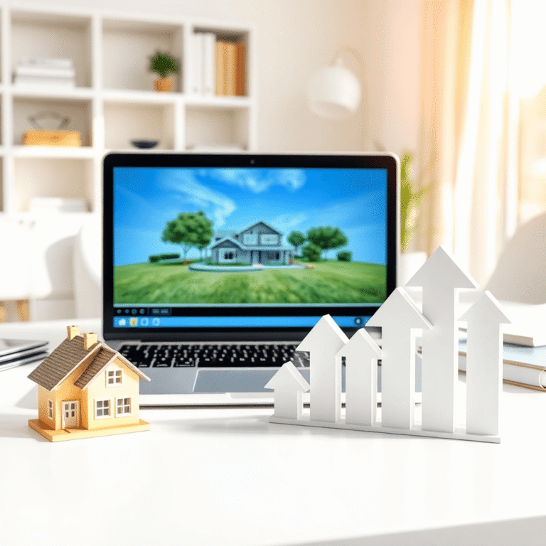 Bright home office with laptop showing virtual property tour, miniature house model, and abstract upward arrows symbolizing real estate investment.