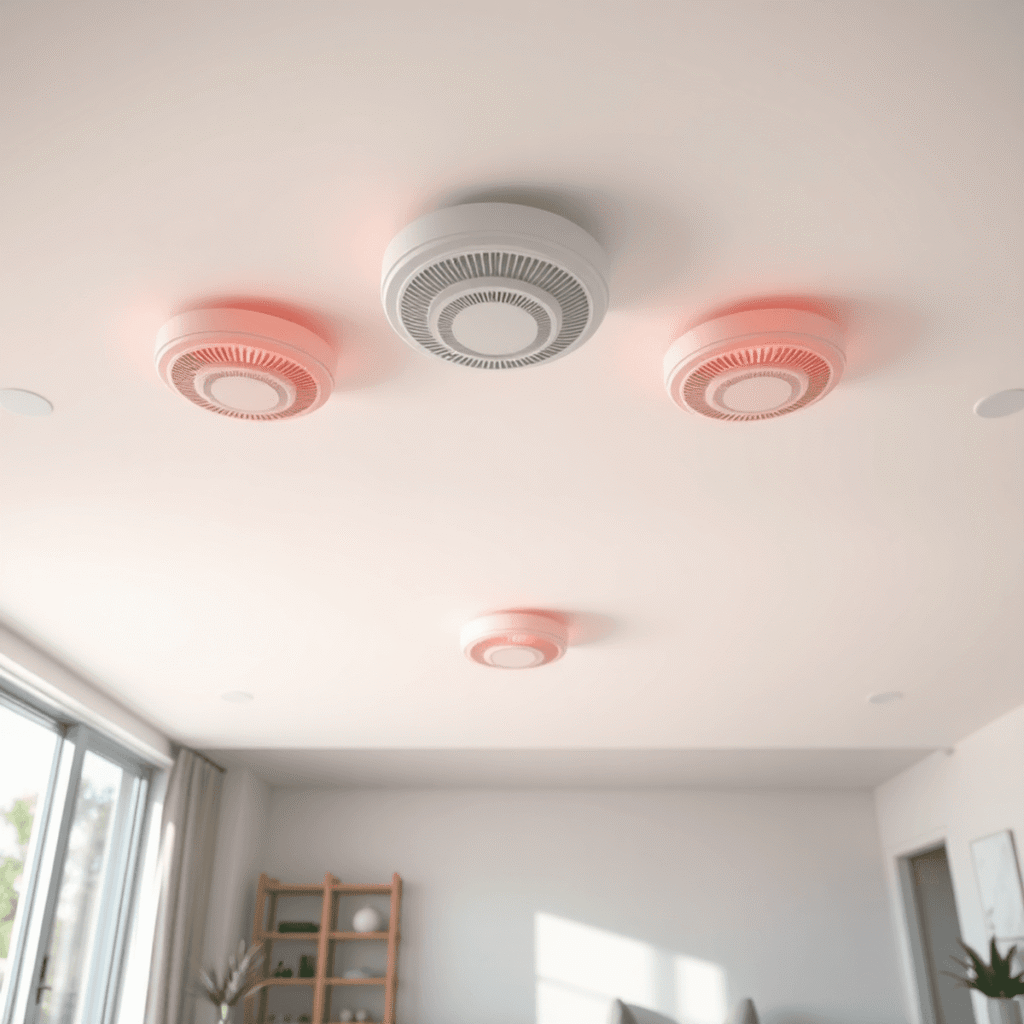 Bright modern home interior with smoke alarms on the ceiling, showcasing clean lines, neutral tones, and a calm, secure atmosphere.