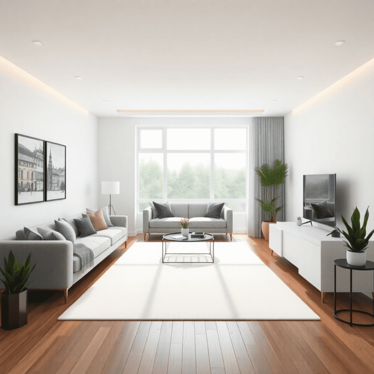 Bright, modern living room digitally furnished, showcasing a stylish and inviting space contrasting empty and staged interiors.