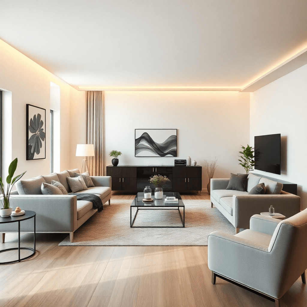 Bright modern living room with sleek furniture, warm lighting, and clean lines, featuring subtle digital effects hinting at technology and innovation.