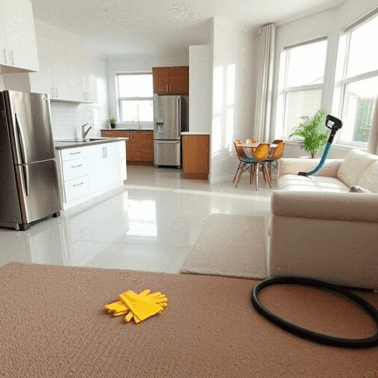 Bright modern rental home interior with sparkling surfaces, clean appliances, spotless tiles, vacuumed carpets, and subtle cleaning tools bathed in...