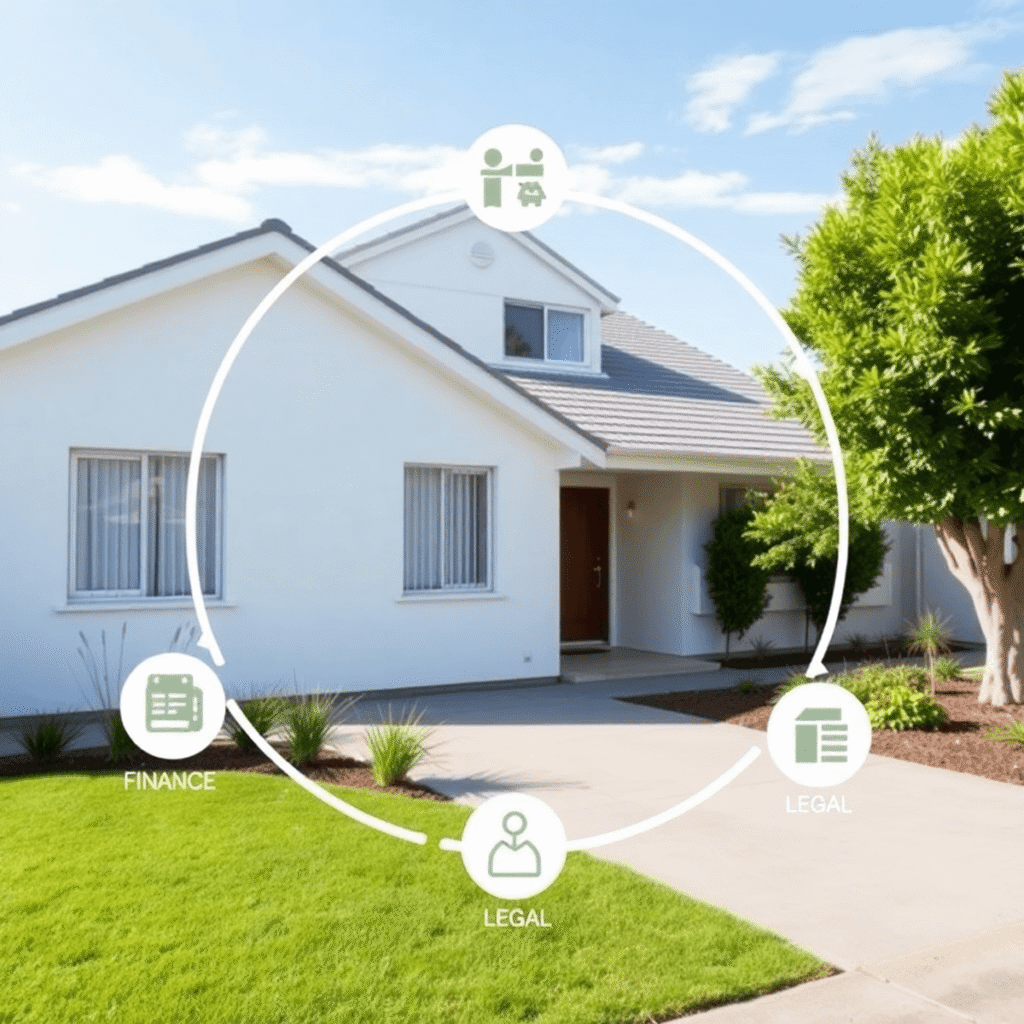 Bright modern suburban house with lush garden, surrounded by subtle abstract icons of arrows symbolizing communication, finance, maintenance, and l...