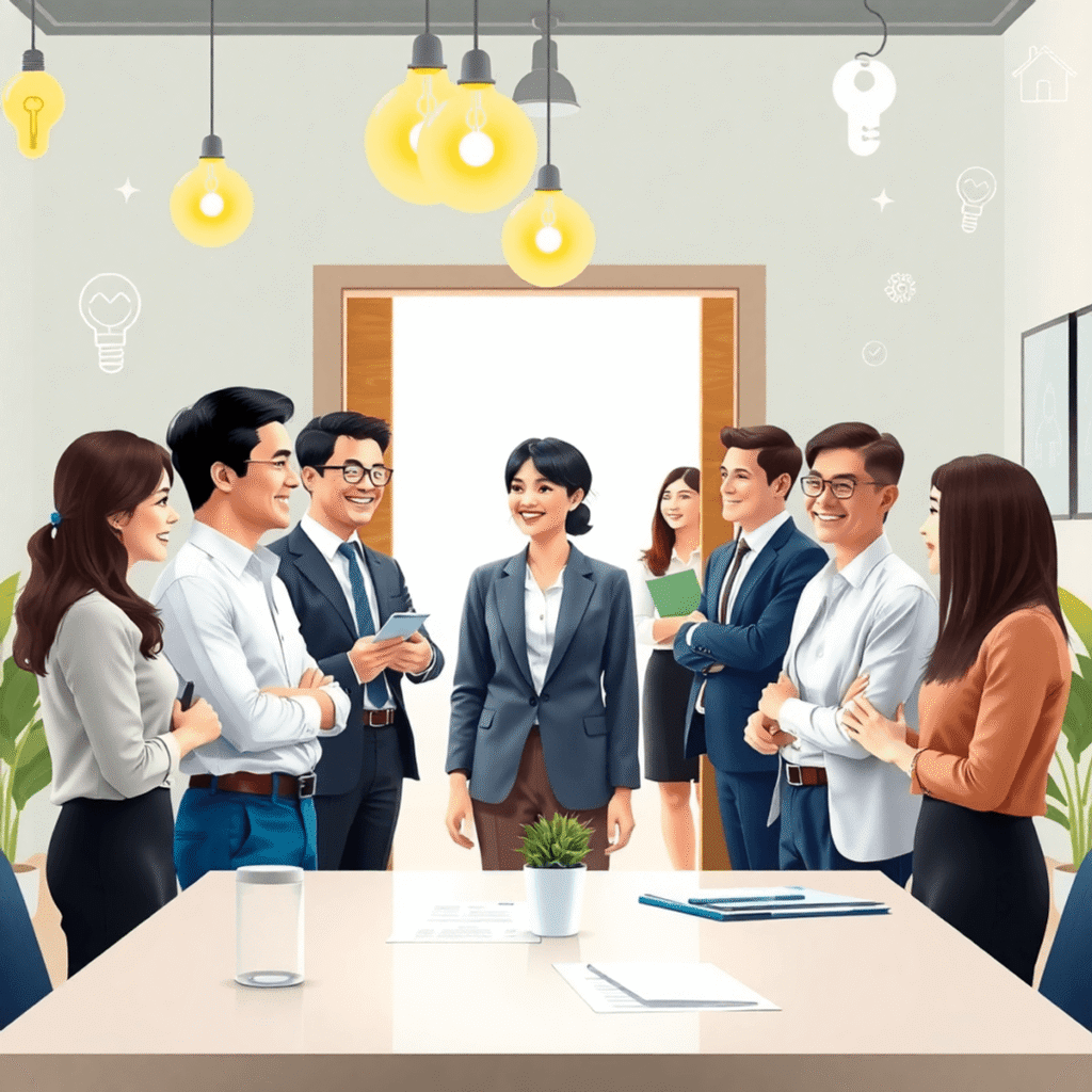 Bright real estate office with happy people discussing, open doors, glowing bulbs, glass elements, and abstract icons of money, contracts, and keys...