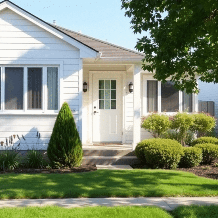 Bright suburban house with clean windows, fresh paint, trimmed bushes, colorful flowers, and an open door inviting entry under sunlight.