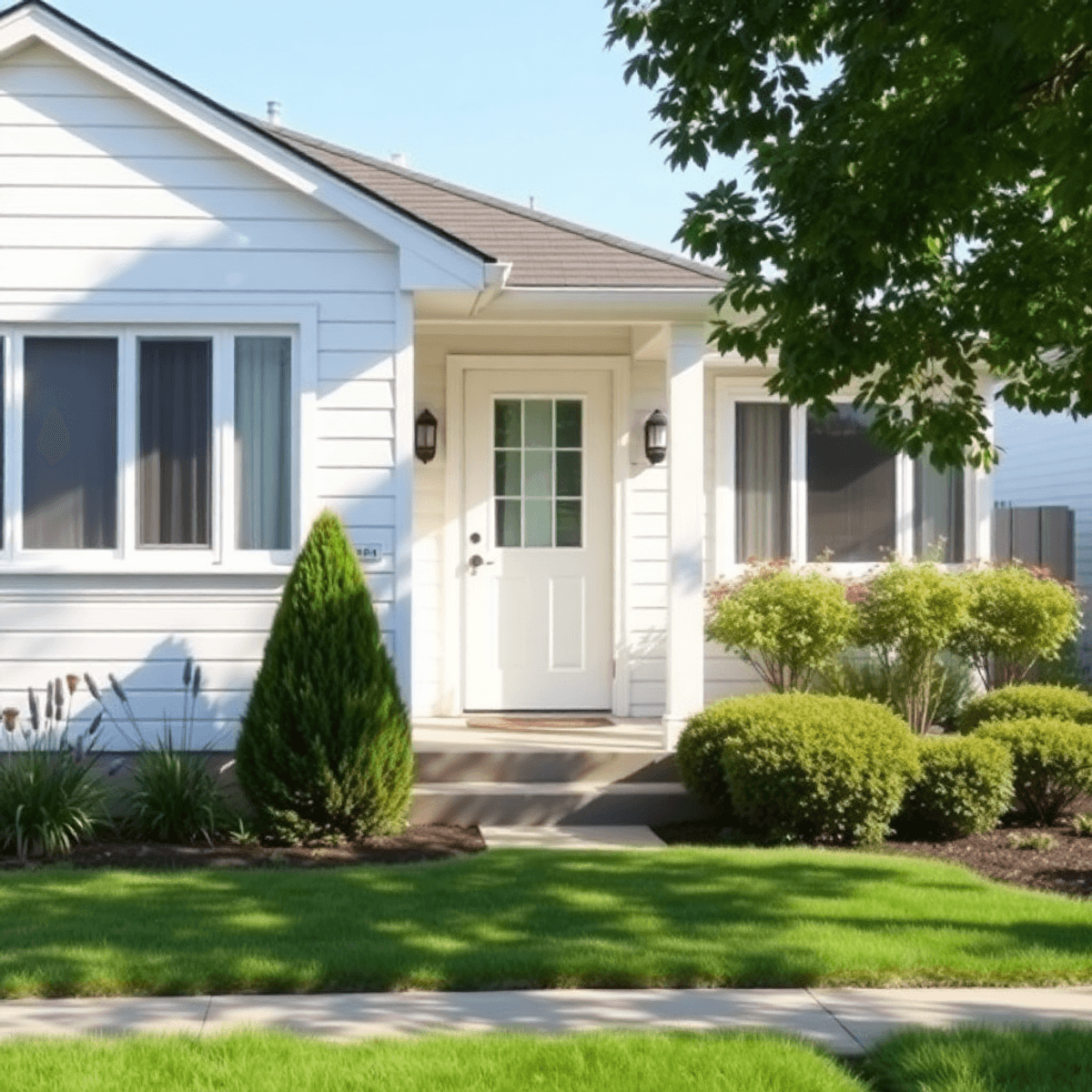 Bright suburban house with clean windows, fresh paint, trimmed bushes, colorful flowers, and an open door inviting entry under sunlight.