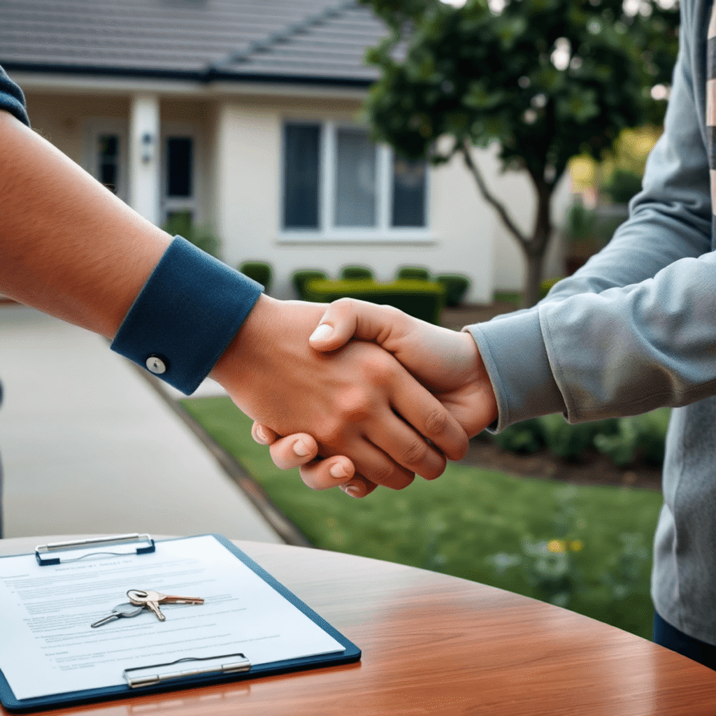 Close-up of a handshake in front of a suburban rental home with keys and clipboard nearby, symbolizing agreement and tenancy resolution.