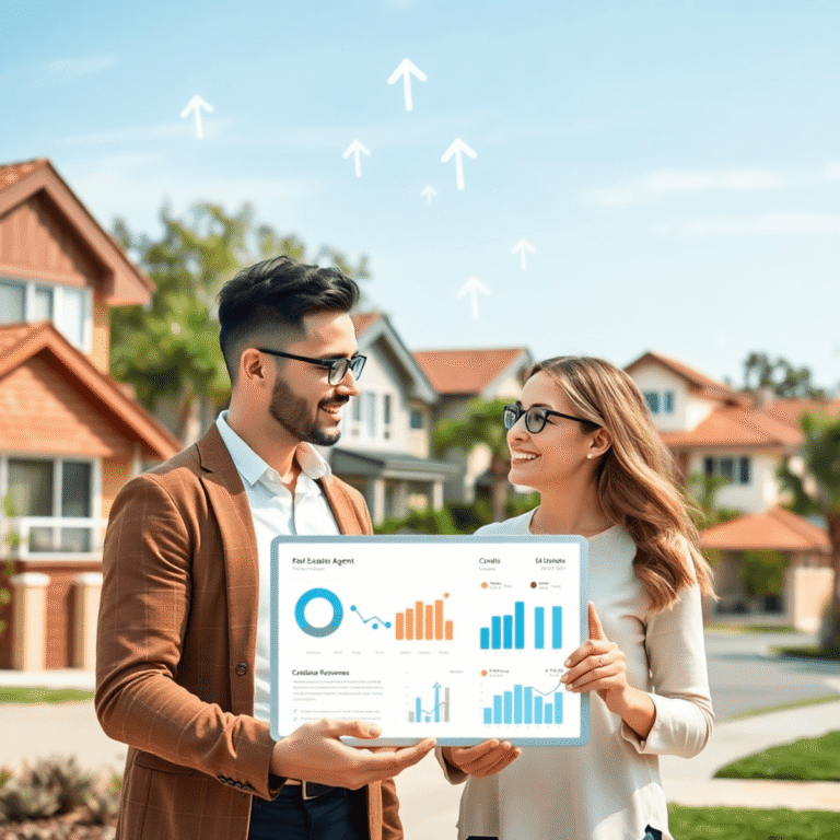 Confident couple in a bright suburban neighborhood reviewing real estate charts on a tablet, with arrows and checkmarks symbolizing trust and compa...
