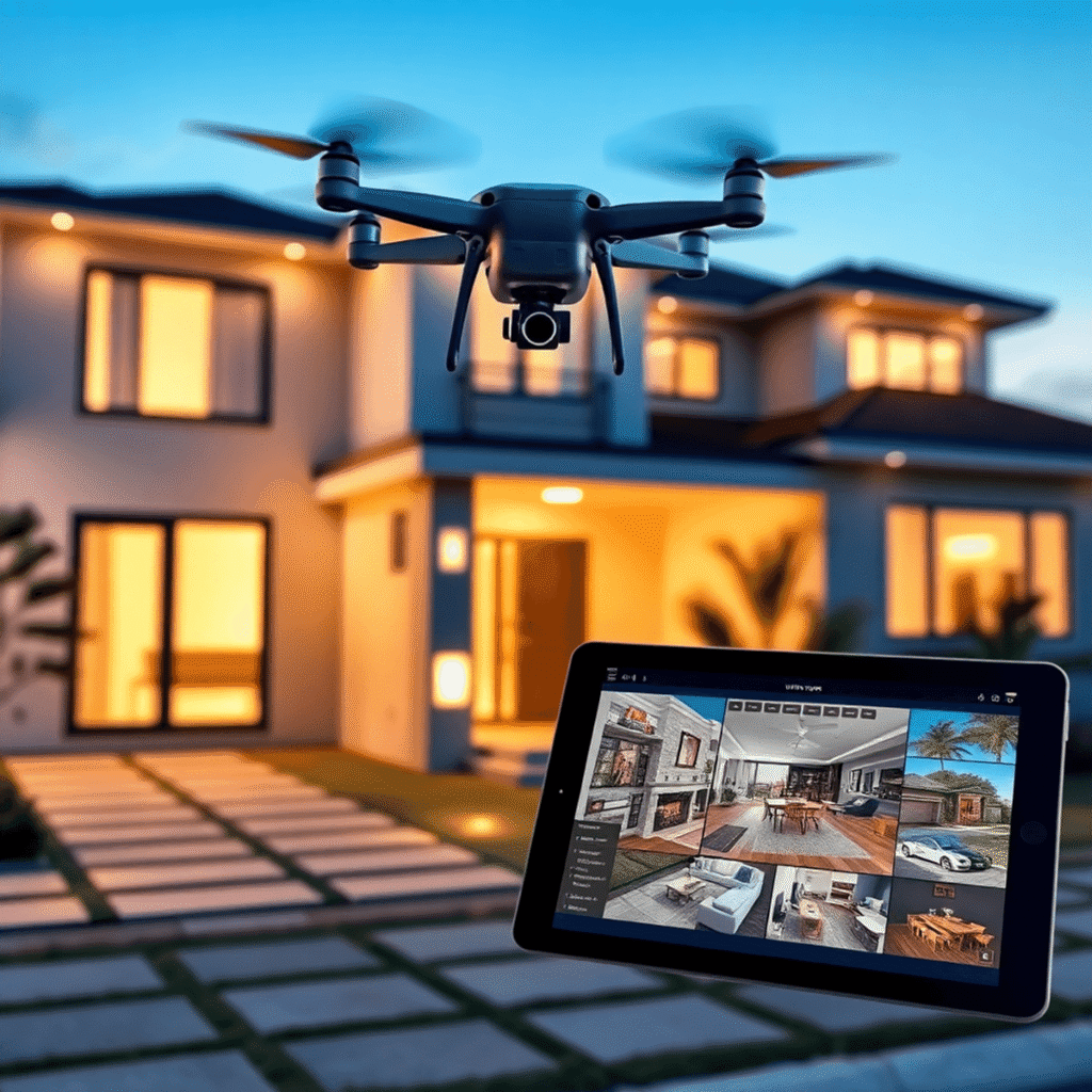 Drone view of a modern home with vibrant dusk lighting beside a tablet showing a 3D virtual tour and interactive floor plans.