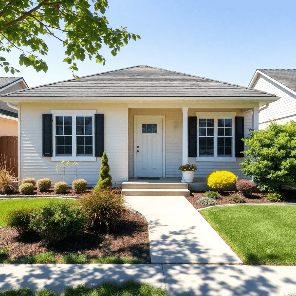 Exterior of a clean, well-kept suburban rental home with fresh landscaping under bright daylight, highlighting its inviting curb appeal and tidy su...