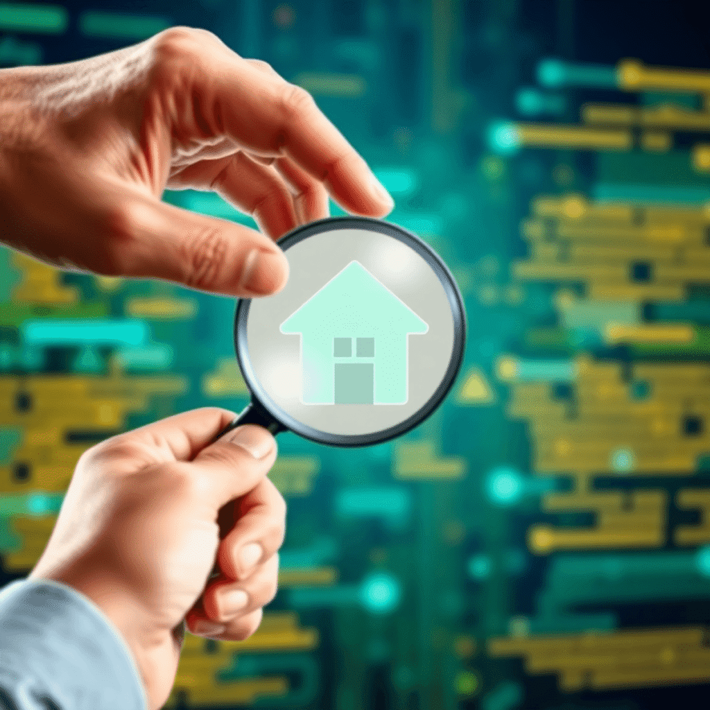 Hand holding magnifying glass over house icon with digital background in blue and green, symbolizing online verification and security.