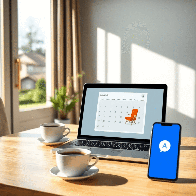 Home office with laptop showing calendar, smartphone with appointment icon, coffee cup, and window view of suburban houses in soft natural light.