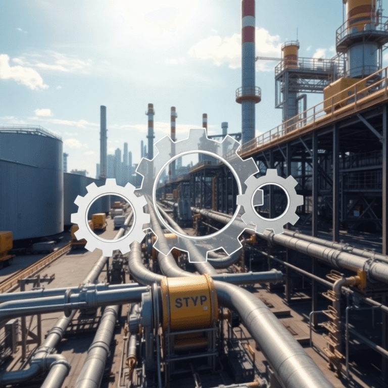 Industrial scene in Perth with large mining facilities, interconnected gears, smooth pipelines under clear sky, symbolizing seamless operations and...