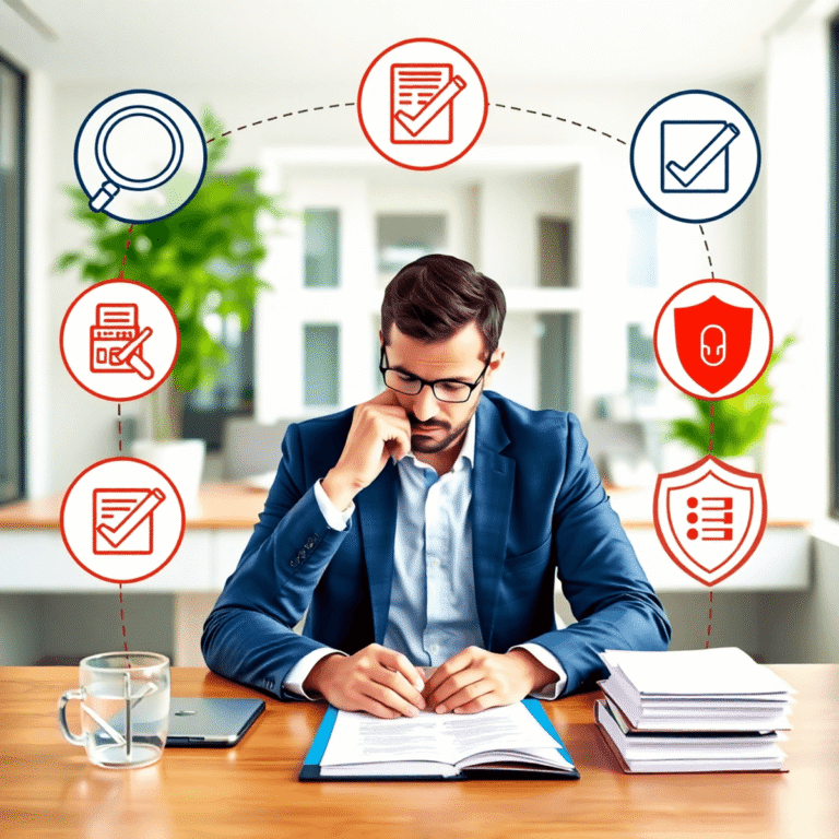 Landlord reviewing tenant applications at desk with modern home and icons of magnifying glasses, checkmarks, and shields symbolizing screening and ...