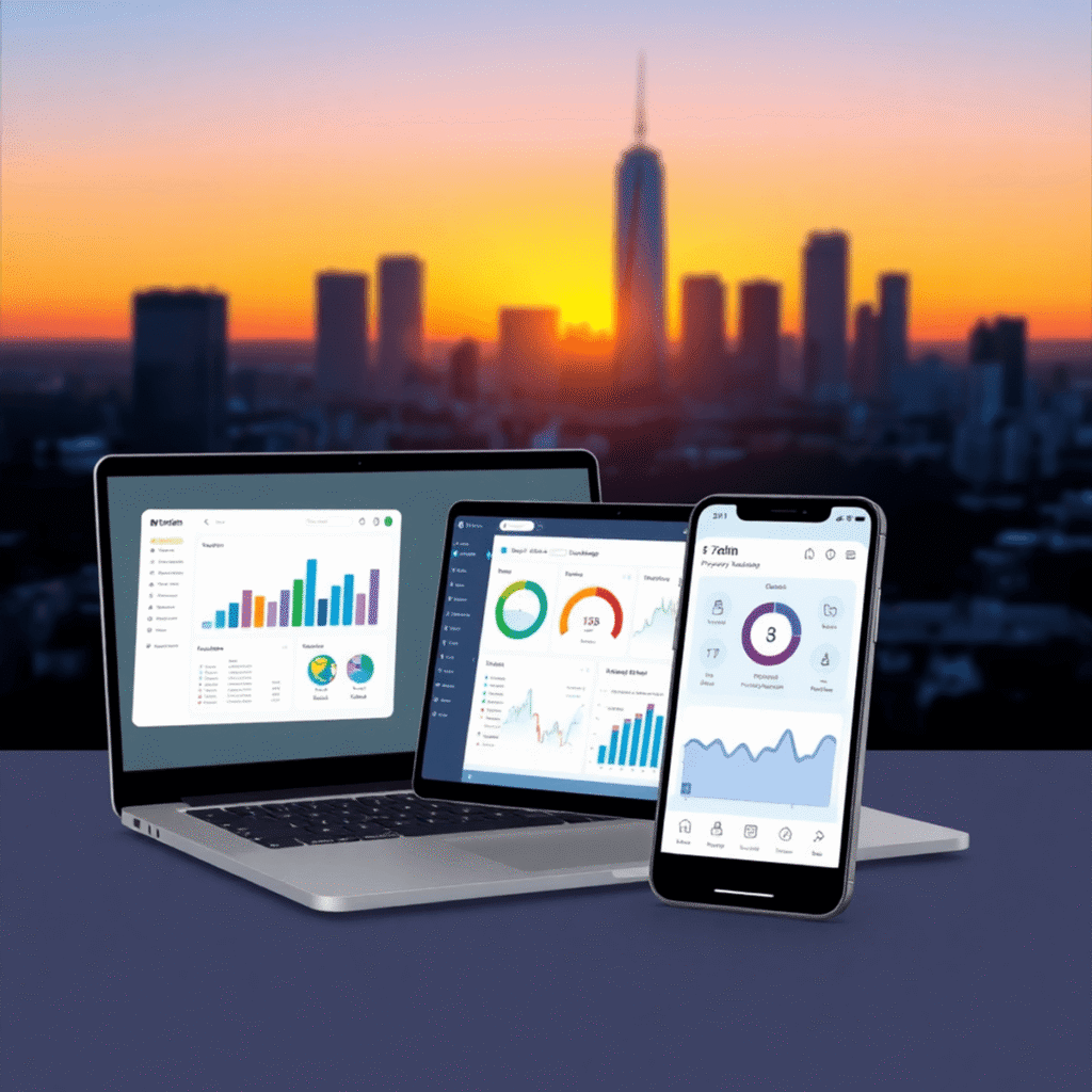 Laptop and smartphone showing abstract property management dashboards with automation, communication, and finance icons, set against Perth skyline ...