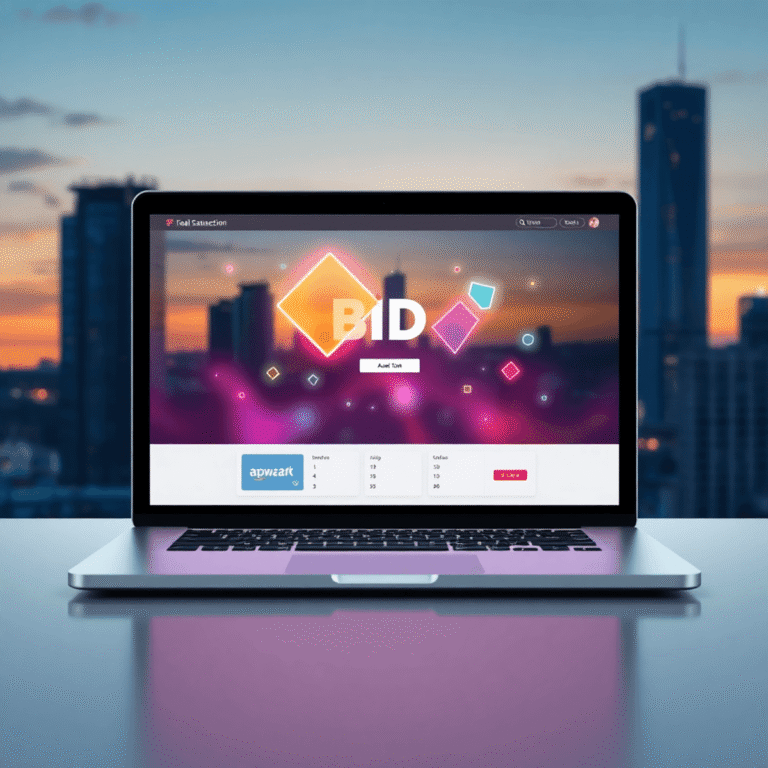 Laptop with glowing abstract bidding interface in front of a dusk urban skyline, highlighting tech-driven real estate auctions.