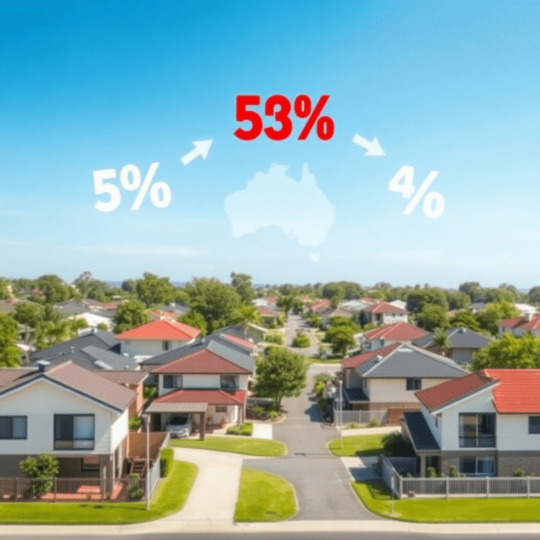 Modern Australian suburb with diverse houses, floating percentage symbols, arrows showing negotiation, under a clear blue sky with map outlines of ...
