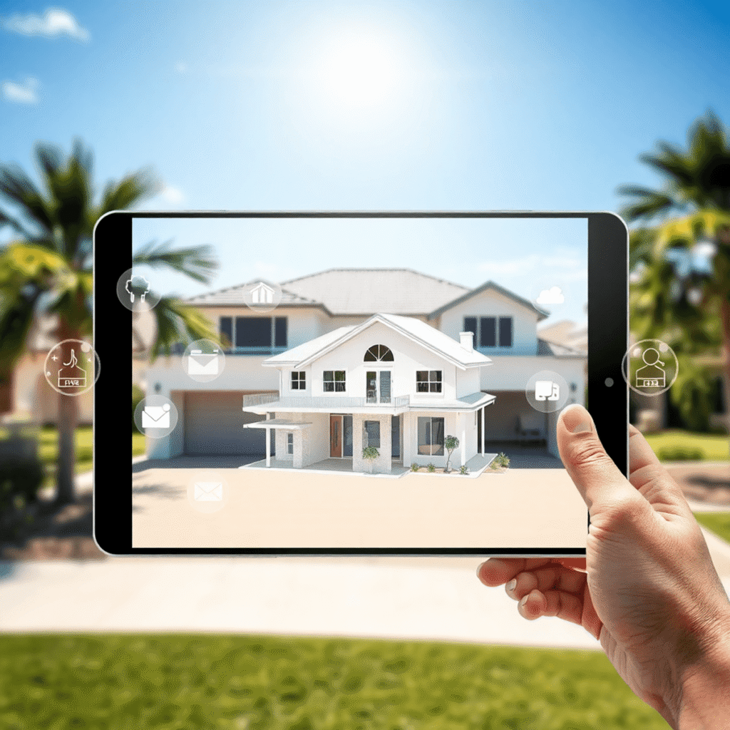 Modern Australian suburban home seen through a tablet showing a 3D house model, with virtual tour icons against a sunny blue sky.