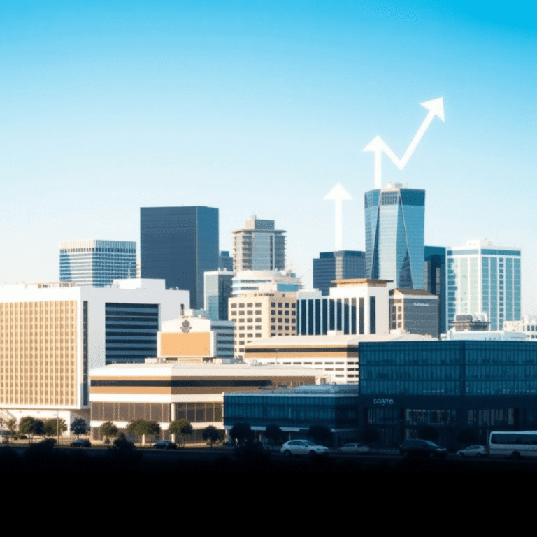 Modern Perth cityscape showcasing office buildings, warehouses, and retail spaces with upward arrows and light trails symbolizing growth and innova...