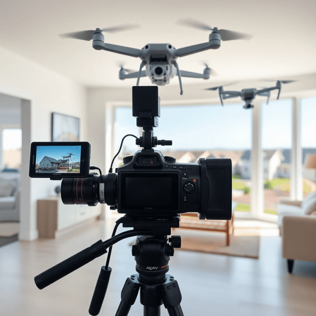 Modern home interior with a video camera on tripod; aerial neighborhood view in background, showcasing real estate video tours and marketing techno...