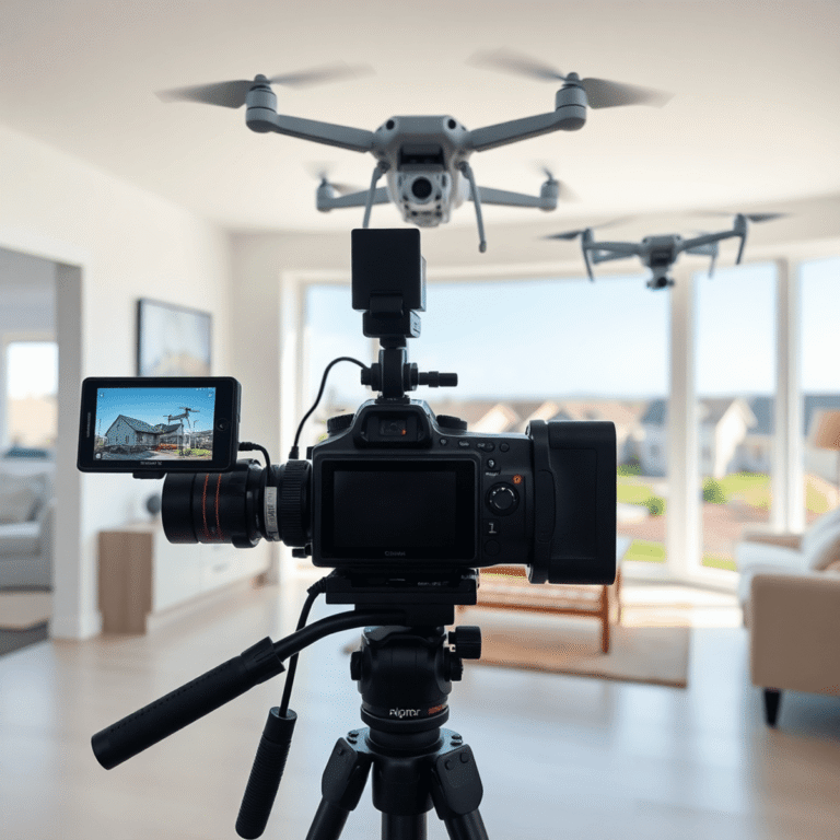 Modern home interior with a video camera on tripod; aerial neighborhood view in background, showcasing real estate video tours and marketing techno...