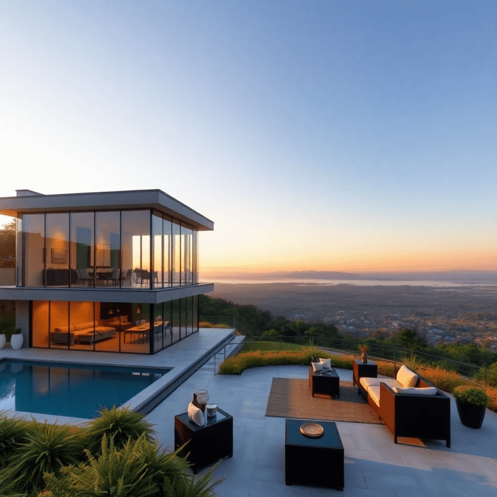 Modern luxurious mansion with glass walls, scenic sunset view, lush greenery, and elegant outdoor furniture, showcasing high-end real estate.